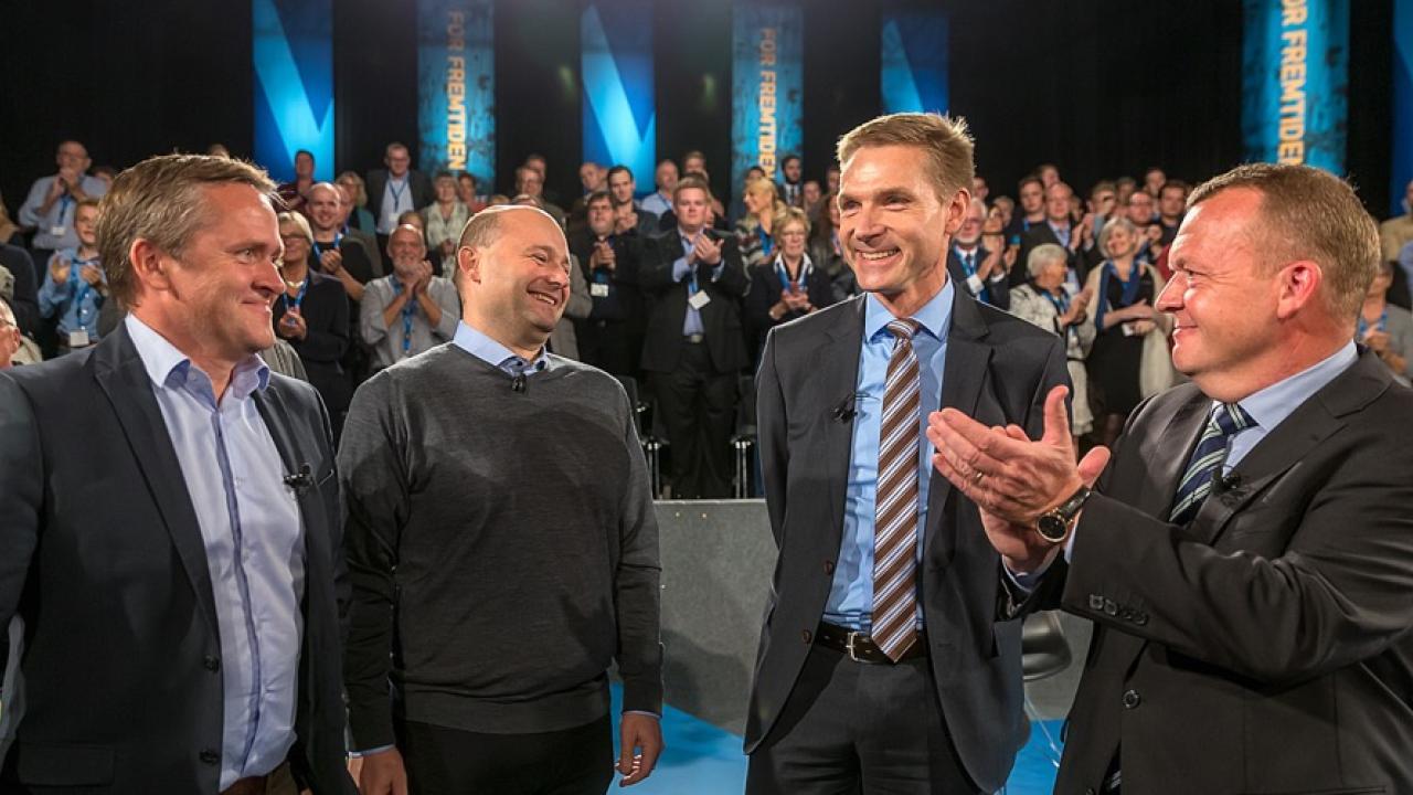 Partiledarna för den borgerliga oppositionen: Anders Samuelsen (Liberal Alliance), Søren Pape Poulsen (De Konservative), Kristian Thulesen-Dahl (Dansk Folkeparti) och Lars Løkke Rasmussen (Venstre). Arkivbild.