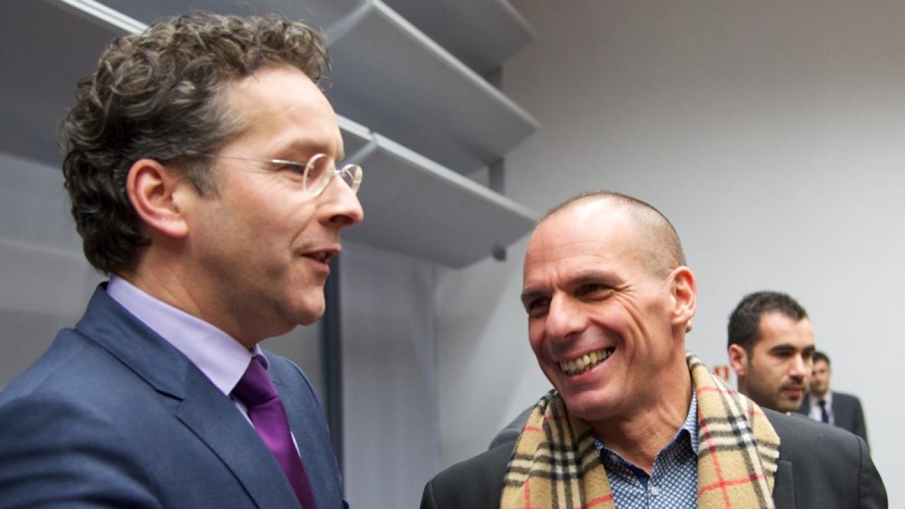 Eurogruppschefen Jeroen Dijsselbloem och Greklands finansminister Yanis Varoufakis. Arkivbild.