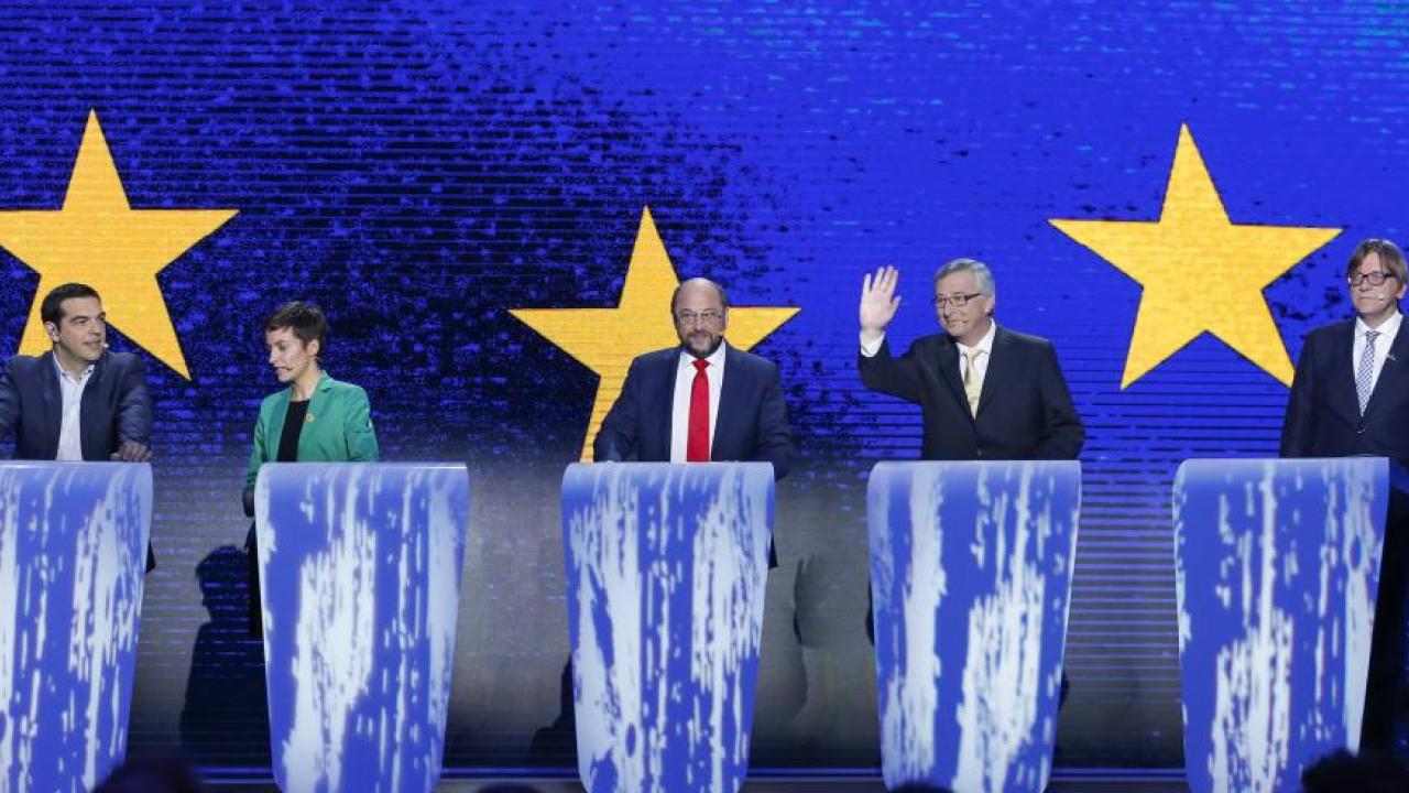 Från vänster till höger: Alexis Tsipras, Ska Keller, Martin Schulz, Jean-Claude Juncker och Guy Verhofstadt.