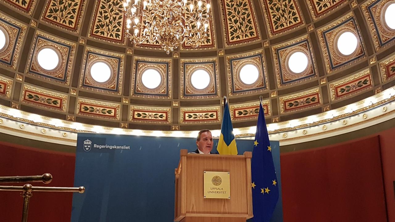 Statsminister Stefan Löfven (S) höll ett linjetal på Uppsala universitet på torsdagen.