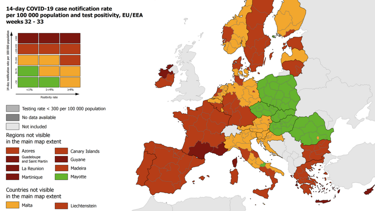 Kartan visar smittspridning under veckorna 32 och 33, 9-22 augusti 2021.