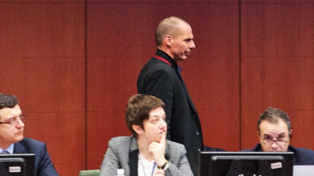 Greklands finansminister Yanis Varoufakis vid måndagens eurogruppsmöte.