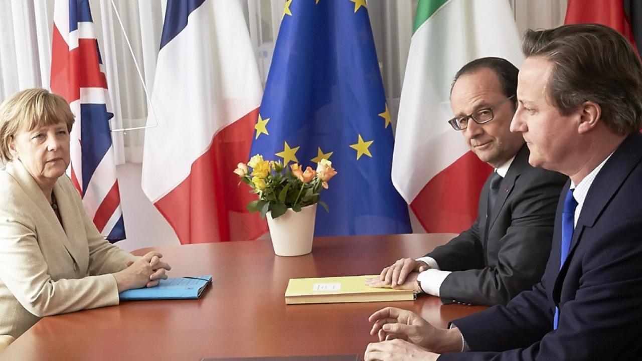 Tyska förbundskanslern Angela Merkel, franske presidenten François Hollande och brittiske premiärministern David Cameron. Arkivbild.