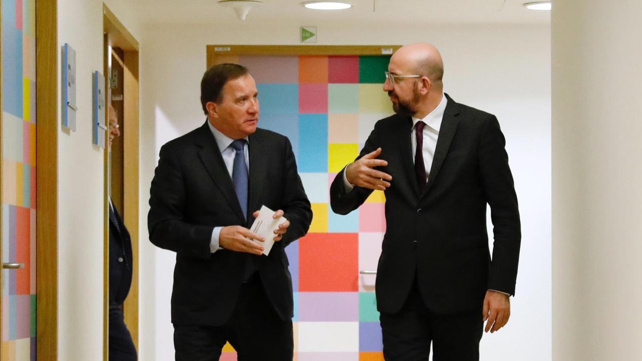 Statsminister Stefan Löfven i samtal med Europeiska rådets ordförande Charles Michel om EU:s nästa flerårsbudget. Arkivbild.