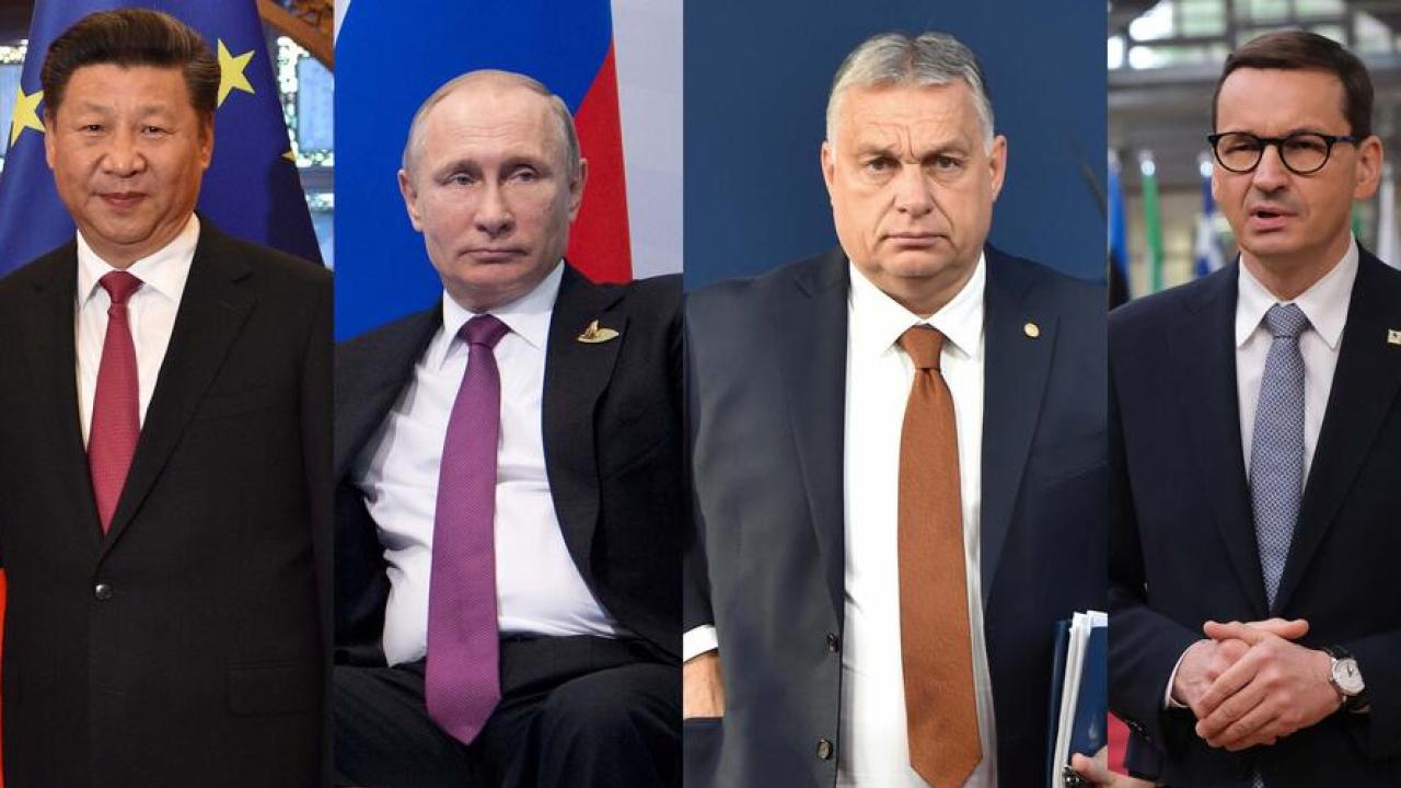 Kina president Xi Jinping, Rysslands president Vladimir Putin, Ungerns premiärminister Viktor Orbán och Polens premiärminister Mateusz Morawiecki. 