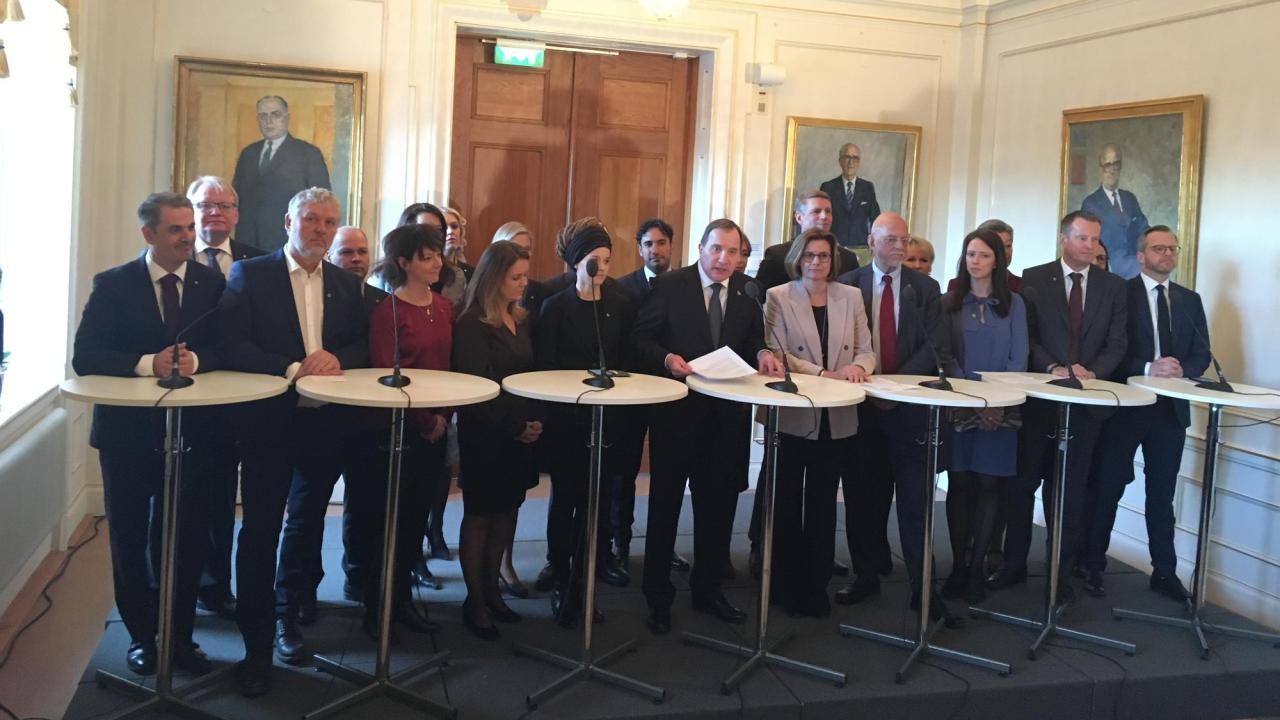 Nya regeringen Löfvens första presskonferens i riksdagshuset 21 januari 2019.