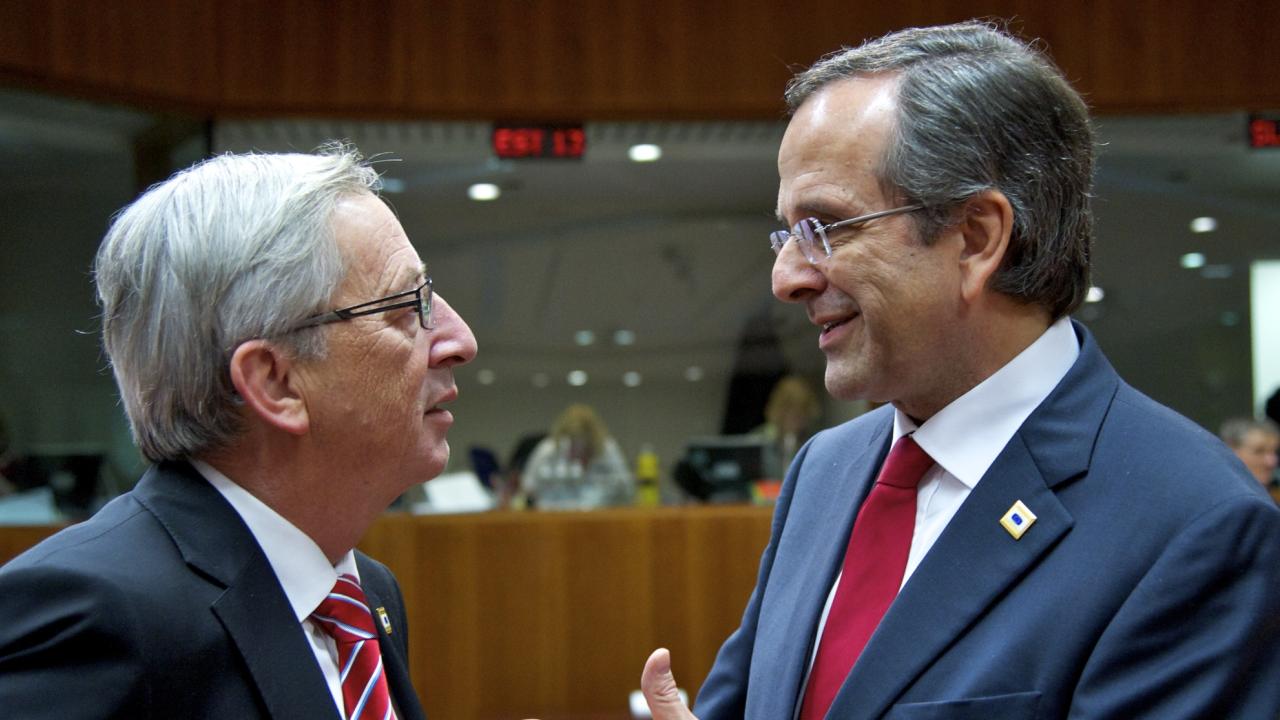 Eurogruppens ordförande Jean-Claude Juncker och Greklands premiärminister Antonis Samaras. Arkivbild.