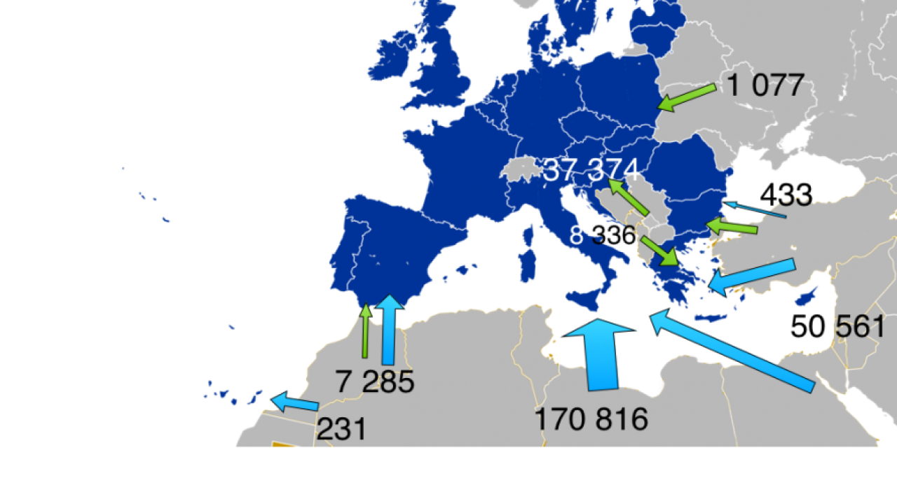 Blå pilar avser flyktingar som kom vattenvägen, gröna landvägen.