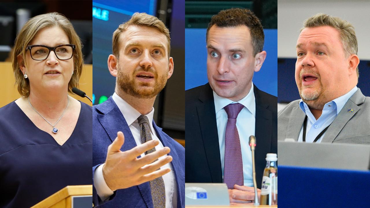 Svenska EU-parlamentarikerna Karin Karlsbro (L), Jakop Dalunde (MP), Tomas Tobé (M) och David Lega (KD).