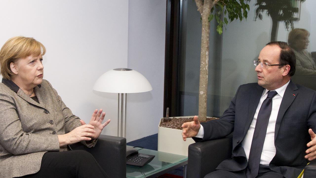 Tyska förbundskanslern Angela Merkel och franske presidenten François Hollande. Arkivbild.
