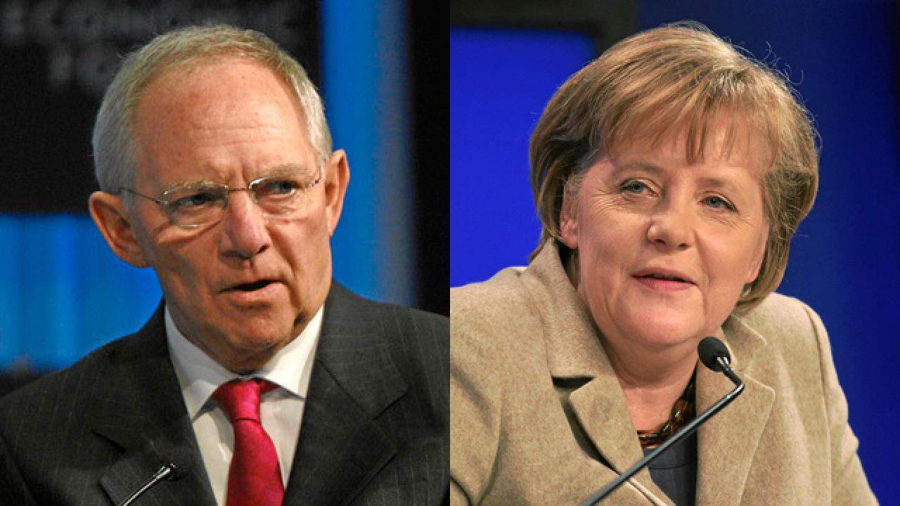 Tysklands finansminster Wofgan Schäuble och förbundskanslern Angela Merkel. Arkivbild.