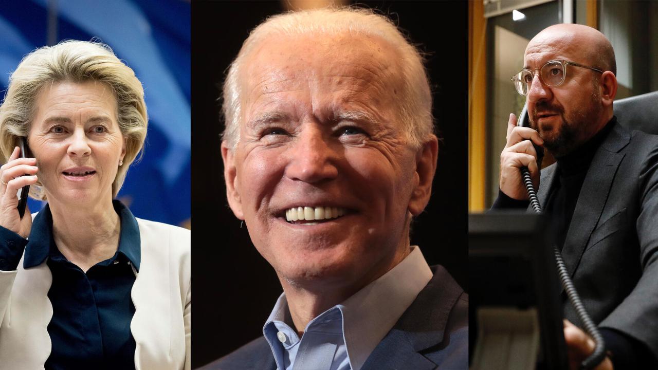 EU-kommissionens ordförande Ursula von der Leyen, USA:s tillträdande president Joe Biden och Europeiska rådets ordförande Charles Michel.