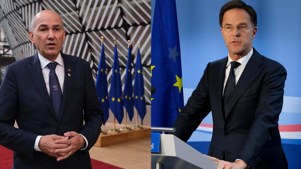 Sloveniens premiärminister Janez Janša och Nederländernas premiärminister Mark Rutte. Arkivbild.