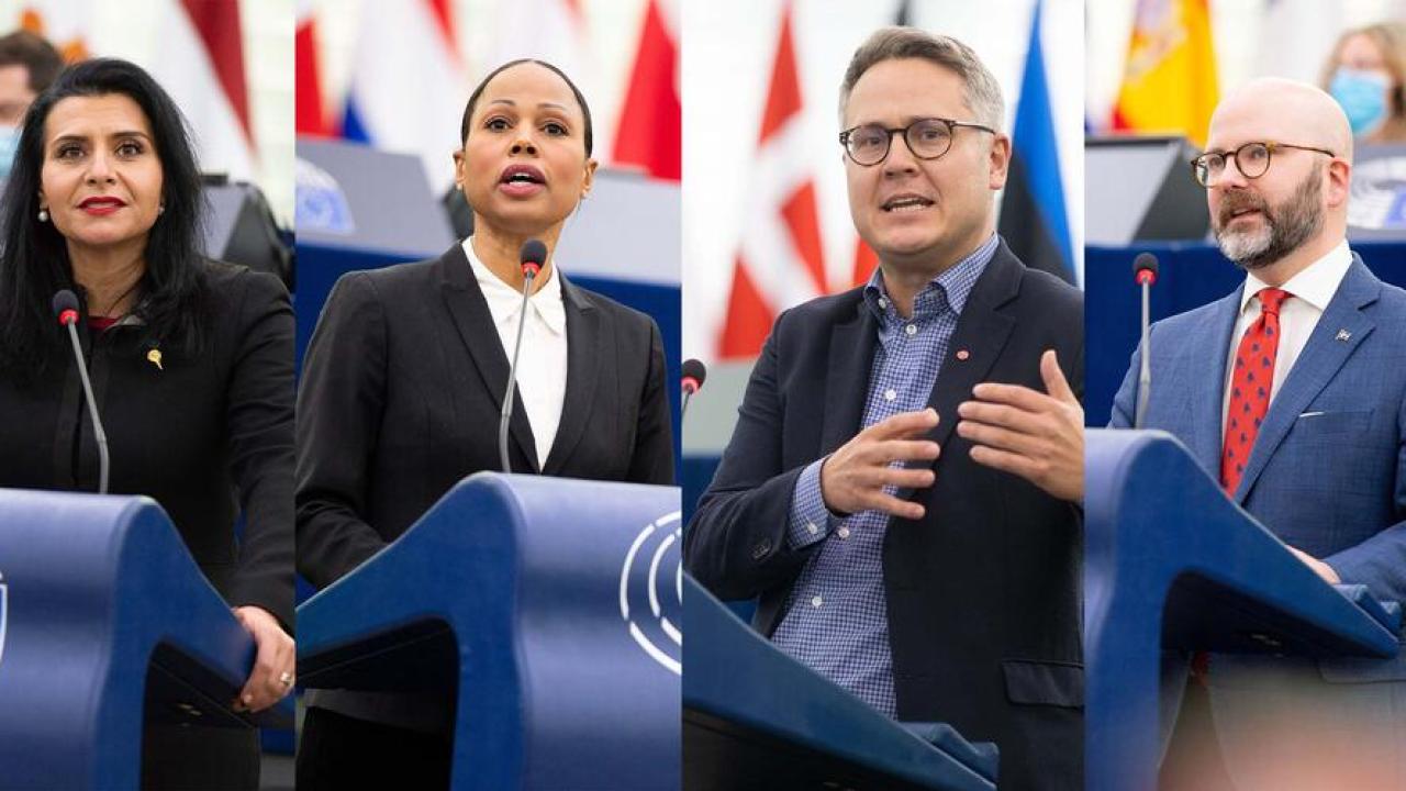 Europaparlamentarikerna Abir Al-Sahlani (C), Alice Bah Kuhnke (MP), Johan Danielsson (S) och Charlie Weimers (SD) oense om EU-parlamentets förslag för nya regler gällande arbetskraftsinvandring.