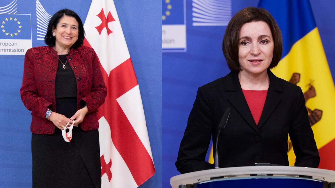 Georgiens president Salome Zurabisjvili och Moldaviens president Maia Sandu. Arkivbild.