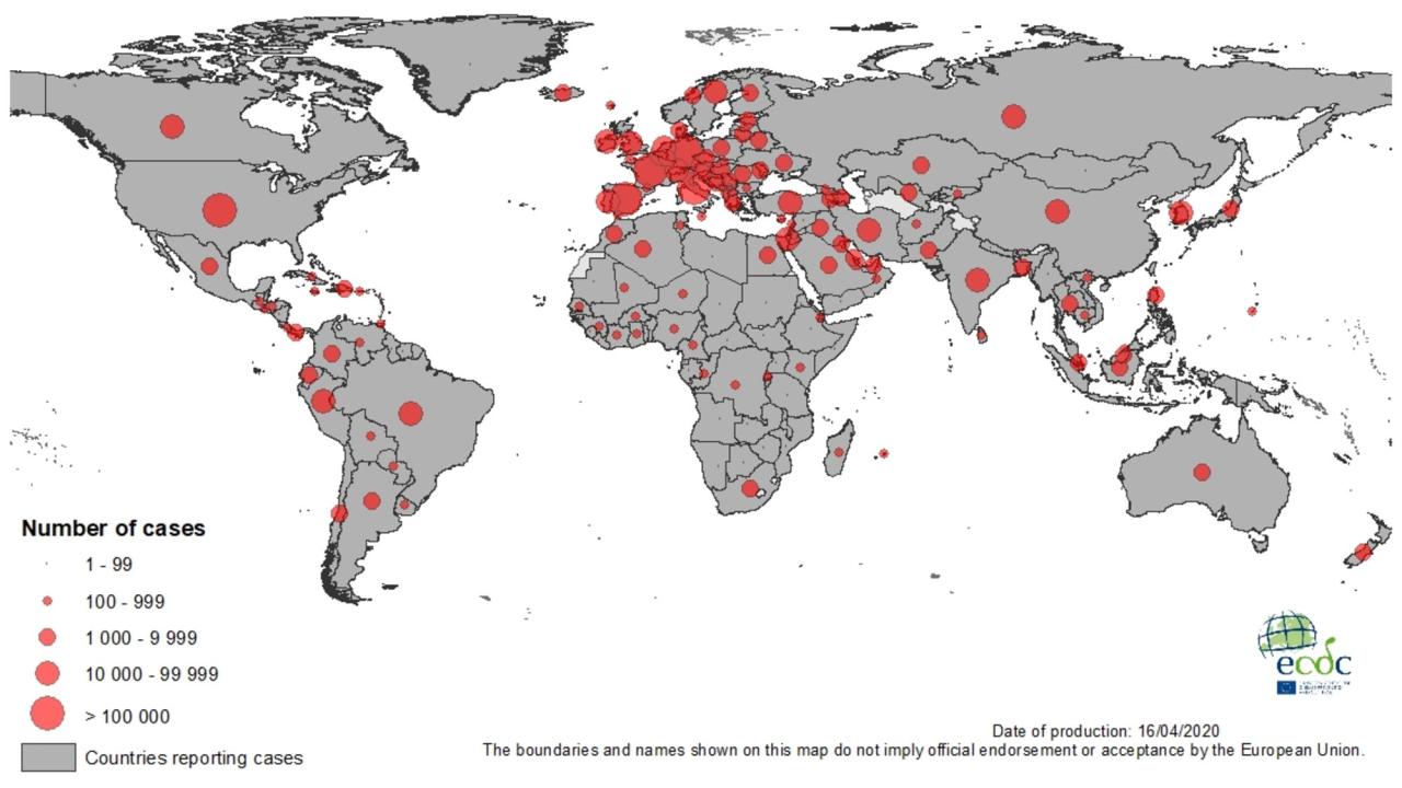 Antal rapporterade smittade i av covid-19 per land, den 16 april 2020, sammanställt av Europeiska centrumet för förebyggande och kontroll av sjukdomar (ECDC).  