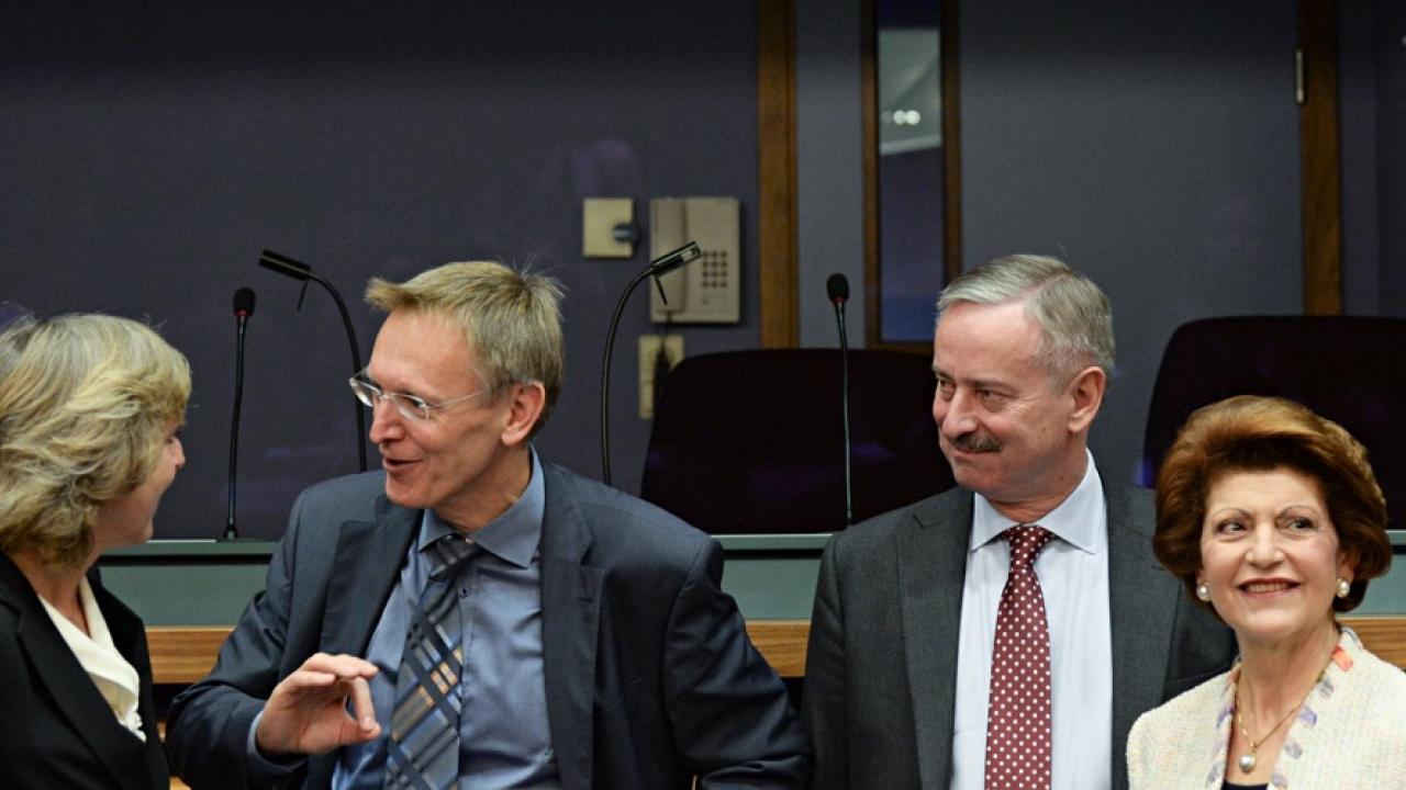 Fyra av de ex-kommissionärer som får övergångslön: Connie Hedegaard, Janez Potočnik, Siim Kallas och Androulla Vassiliou. Arkivbild.