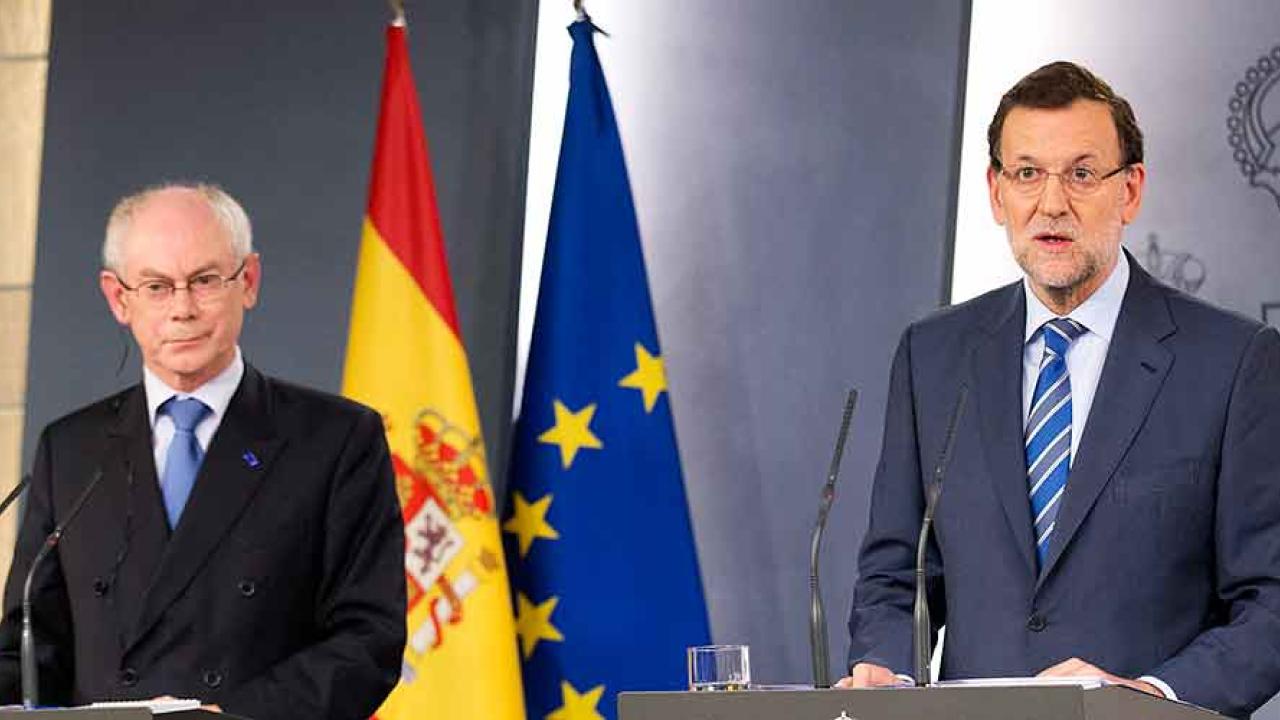 Europeiska rådets ordförande Herman Van Rompuy och Spaniens premiärminister Mariano Rajoy under torsdagens presskonferens.