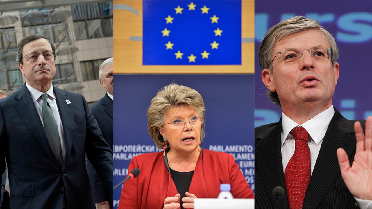 ECB-chefen Mario Draghi, kommissionär Viviane Reding och kommissionär Tonio Borg - tre nyckelspelar i EU under 2012.