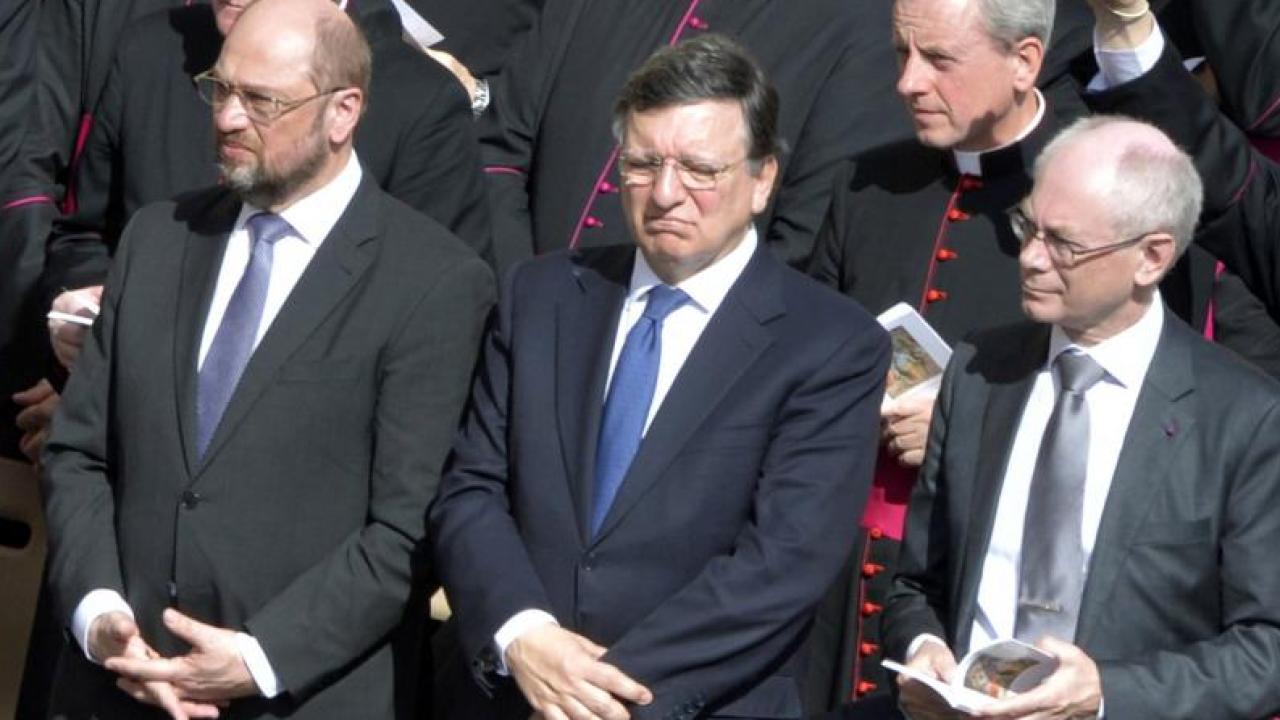 De tre största EU-institutionernas ledare: Martin Schulz, José Manuel Barroso och Herman Van Rompuy. Arkivbild.