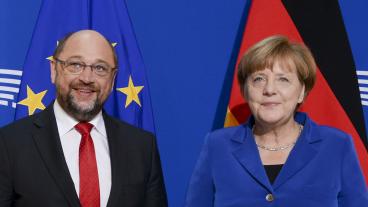 Tysklands förbundskansler Angela Merkel och den socialdemokratiske utmanaren och tidigare EU-parlamentstalmannen Martin Schulz. Arkivbild.