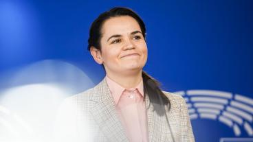 Den belarusiska oppositionsledaren Svetlana Tichanovskaja vid ett tidigare besök i EU-parlamentet. Arkivbild.