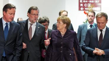 Storbritanniens David Cameron, Spaniens Mariano Rajoy, Tysklands Angela Merkel och Europeiska rådets Donald Tusk. Arkivbild.