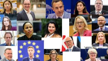 Vänsterpalten uppifrån och ner: Jessica Polfjärd (M), Emma Wiesner (C), Pär Holmgren (MP) och David Lega (KD). Andra spalten: Ilan De Basso (S), Alice Bah Kuhnke (MP), Johan Nissinen (SD). Tredje spalten: Tomas Tobé (M), Abir Al-Sahlani (C), Karin Karlsbro (L). Fjärde spalten: Evin Incir (S), Heléne Fritzon (S), Jörgen Warborn (M). Högerspalten Erik Bergkvist (S), Charlie Weimers (SD), Arba Kokalari (M) och Carina Ohlsson (S). 