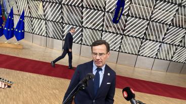 Statsminister Ulf Kristersson (M) på torsdagens toppmöte. 