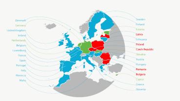 Blåfärgade länder har skrivit under Acta, röda har skrivit under men väntar med att ratificera. Gröna har inte undertecknat.