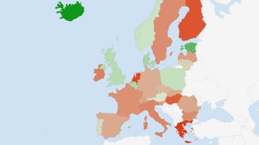 Förändring i antalet nyregistrerade bilar. I de rödfärgade länderna minskade nyregistreringen och i de gröna ökade den.