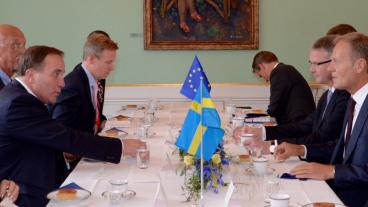 Statsminister Stefan Löfven och Europeiska rådets ordförande Donald Tusk träffas inför fredagens EU-toppmöte. 