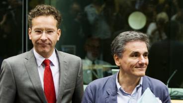 Eurogruppens ordförande Jeroen Dijsselbloem och Greklands finansminister Euklides Tsakalotos. 