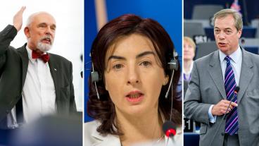 FV: Janusz Korwin-Mikke, Polen, Giulia Moi, Italien och Nigel Farage, Storbritannien.  Bilden är ett montage.