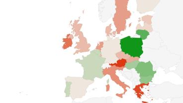 Förändring av korruptionen i EU. Ju grönare, desto större minskning. Ju rödare, desto större ökning.