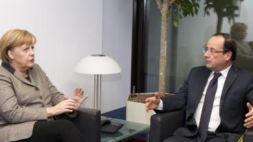 Tyska förbundskanslern Angela Merkel och franske presidenten François Hollande. Arkivbild.