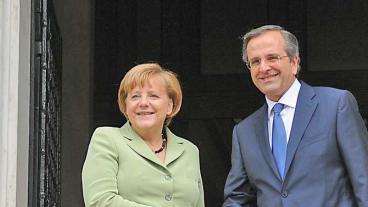 Tysklands förbundkansler Angela Merkel och Greklands premiärminister Antonis Samaras vid ett tidigare möte i höst. Arkivbild.