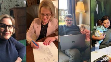 Karin Karlsbro (L), Heléne Fritzon (S), Peter Lundgren (SD) och Abir Al-Sahlani (C) jobbar hemifrån under coronapandemin. 