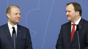 Maltas premiärminister Joseph Muscat och statsminister Stefan Löfven efter tisdagens möte.