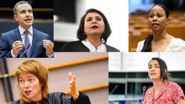 Övre raden Tomas Tobé (M), Abir Al-Sahlani (C) och Alice Bah Kuhnke (MP). Nedre raden: Malin Björk (V) och Evin Incir (S). 