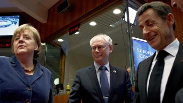 De tre kombattanterna. Angela Merkel, Herman Van Rompuy och Nicolas Sarkozy.