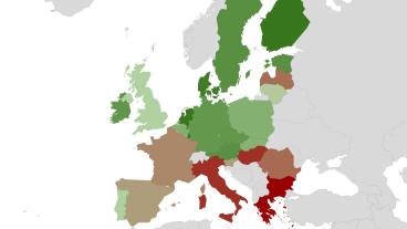Pressfriheten i EU-länderna, enligt Reportrar utan gränser. Ju grönare, desto högre pressfrihet och vice versa för rött.