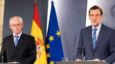 Europeiska rådets ordförande Herman Van Rompuy och Spaniens premiärminister Mariano Rajoy under torsdagens presskonferens.