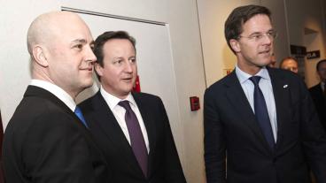 Statsminister Fredrik Reinfeldt tillsammans med sina budgetkrympande kollegor David Cameron och Mark Rutte.