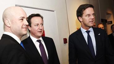Statsminister Fredrik Reinfeldt, Storbritanniens David Cameron och Nederländernas Mark Rutte. Arkivbild.
